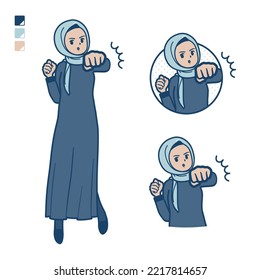 An arabian woman in hijab with Punch in front images.It's vector art so it's easy to edit.