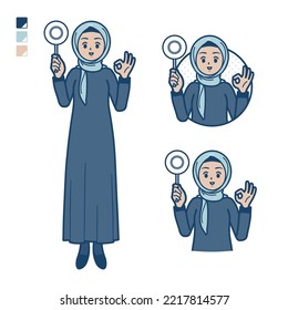 An arabian woman in hijab with Put out a circle panel images.It's vector art so it's easy to edit.