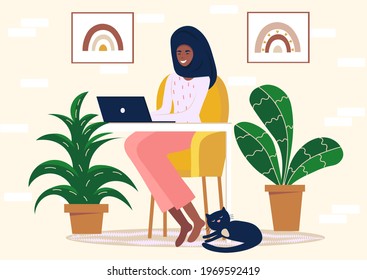 Arabian woman in hijab  working at home. Vector illustration