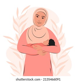 Arabian woman is holding newborn baby. Muslim girl in traditional dress with child. Vector illustration.