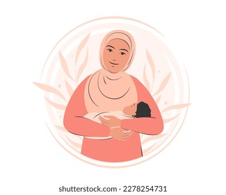 Arabian woman is holding newborn baby. Muslim girl in traditional dress with child. Vector illustration.