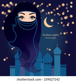 arabian woman in muslim veil - hijab on a starry background, can be used as invitation for arabian party or orient dance show, vector illustration