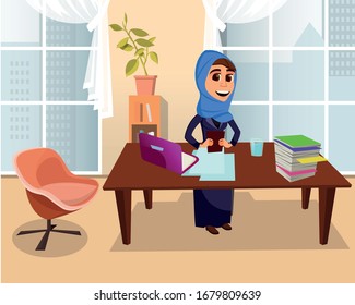 Arabian Woman Office Worker or Freelancer Character Working. Lady in Traditional Muslim Clothes Sitting at Table. Paperwork. Comfortable Workplace Room Interior. Vector Cartoon Flat Illustration
