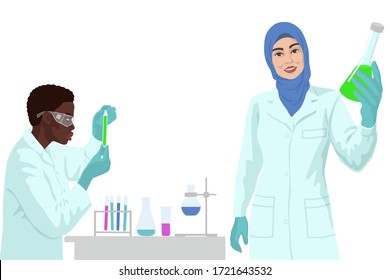 Arabian woman scientist holding a sample of liquid in glass flask. African and muslim women scientist in lab. Process of vaccine research. Flat hand drawn illustration on white background.