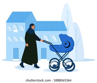 Arabian woman with stroller.Mother is walking with newborn baby in city.Pram on urban background.Flat vector illustration.Islam religion.Spending time outdoors.Real estate and construction industry.