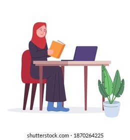 Arabian Women Reading Book Cartoon Illustration