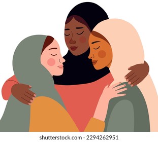 Arabian women are standing together. Emirati Women's day greeting card with young Muslim females wearing hijab. Vector illustration in flat style