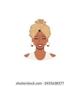 Arabic, African or Asian woman in turban traditional headdress. Cartoon beautiful laughs lady avatar with scarf wrap her head, ethnic accessory. Eastern Muslim fashion hat turban vector flat portrait