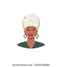 Arabic, African or Asian woman in turban traditional headdress. Cartoon beautiful lady avatar with white scarf wrap her head, ethnic accessory. Eastern Muslim fashion hat turban vector flat portrait