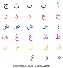 Arabic alphabet. 28 letters of alphabet in arabic language. Vector illustration.