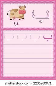 Arabic alphabet Baa worksheet for kids with a picture of cow, Learn how to write the letter Baa with directions, Translation(cow)