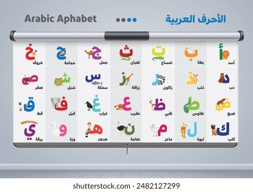 Arabic alphabet board for introduction lesson vector Set of ABC Arabic Alphabet characters holding vegetables, fruits, animals and objects begins with every letter, for kids learning education poster