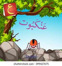Arabic Alphabet cute Animal Vector colorful of Spider "Ain" word.