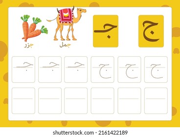 Arabic alphabet gim with a picture of camel and carrots, Translation(camel ,carrots)