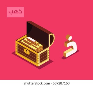 arabic alphabet language isometric style for letter "zal" ...arabic word "zahab" gold