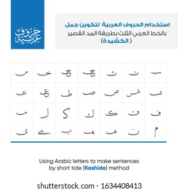 Arabic alphabet letters in Thuluth style - translation Arabic text is (using Arabic letters to make sentences by short tide kashida - Arabic alphabet ) for Ramadan and Eid Mubarak 