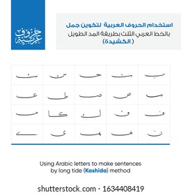 Arabic alphabet letters in Thuluth style - translation Arabic text is (using Arabic letters to make sentences by long tide kashida - Arabic alphabet ) for Ramadan and Eid Mubarak 