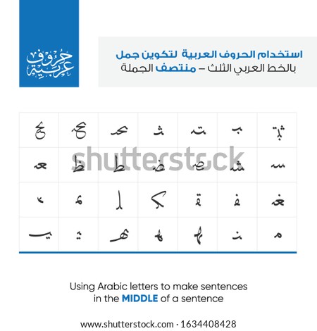 Arabic alphabet letters in Thuluth style - translation Arabic text is (using Arabic letters in the middle of sentences - Arabic alphabet ) for Ramadan and Eid mubarak