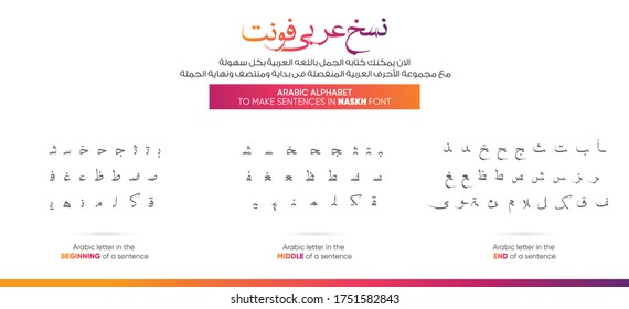 Arabic alphabet letters - translation (write the sentences in an easy way with Arabic letters at the beginning, middle and end of a sentence - Arabic Font) EPS 10