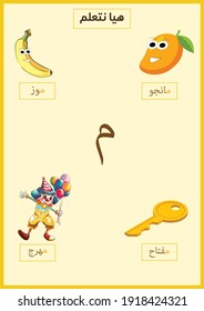 Arabic alphabet mim with a picture of a banana, clown, key, and mango, Translation (banana, clown, key, and mango, let's learn)