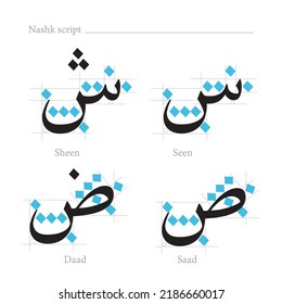 Arabic Alphabet nashk script. Arabic language letters set 4. School and primary school learning print. Home schooling. Rules of Quranic handwriting