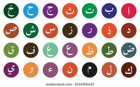 Arabic alphabet vector set in different color isolated on a white background. Arabic alphabet letters. Arabic alphabet education reading, learning. Vector illustration.