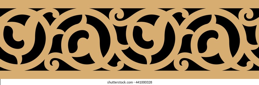 Arabic Ancient Floral Seamless Border. Traditional Islamic Design. Ocher on Black. Mosque decoration element.