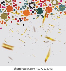 Arabic arabesque design greeting card for Ramadan Kareem.Islamic colorful template vector illustration with defocused golden falling confetti.