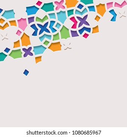 Arabic arabesque design greeting card for Ramadan Kareem. Islamic ornamental colorful mosaic. Vector illustration.