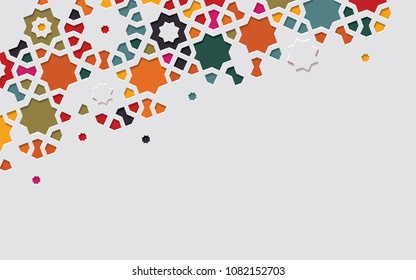 Arabic arabesque design greeting card for Ramadan Kareem.Islamic ornamental colorful detail of mosaic. Vector illustration.