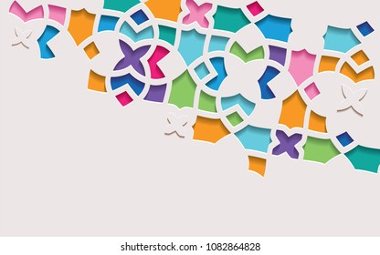 Arabic arabesque design greeting card for Ramadan Kareem.Islamic ornamental colorful detail of mosaic.Vector illustration.