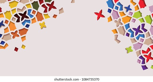 Arabic arabesque design greeting card for Ramadan Kareem.Islamic ornamental colorful mosaic vector illustration.