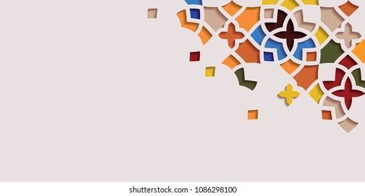 Tarjeta de saludo de diseño árabe arabesco para Ramadan Kareem. Detalle decorativo islámico ornamental de mosaico.Ilustración vectorial.