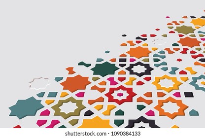 Arabic arabesque design greeting card for Ramadan Kareem.Islamic ornamental colorful detail of mosaic in perspective. Vector illustration.