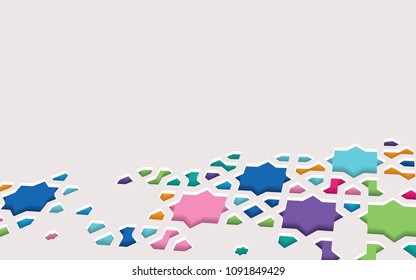 Arabic arabesque design greeting card for Ramadan Kareem.Islamic ornamental colorful detail of mosaic in perspective.Vector illustration.