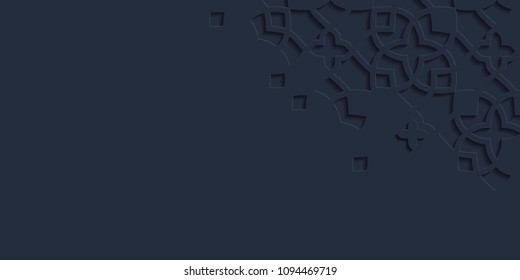 Arabic arabesque design greeting card for Ramadan Kareem.Islamic ornamental dark monochrome detail of mosaic.Vector illustration.