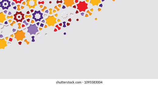 Arabic arabesque design greeting card for Ramadan Kareem.Islamic ornamental colorful detail of mosaic.Vector illustration.
