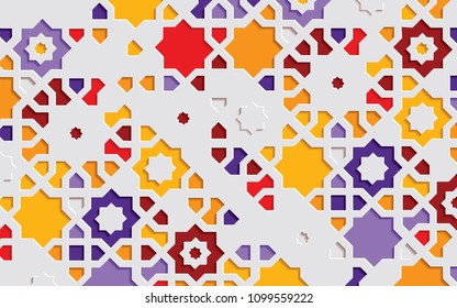 Arabic arabesque design greeting card for Ramadan Kareem. Islamic ornamental colorful detail of mosaic. Vector illustration.