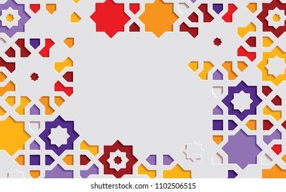 Arabic arabesque design greeting card for Ramadan Kareem.Islamic ornamental colorful detail of mosaic.Background vector illustration.