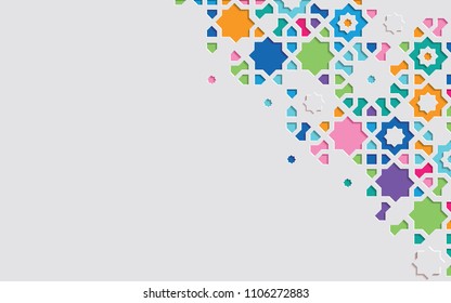 Arabic arabesque design greeting card for Muslim holidays.Islamic ornamental colorful detail of mosaic.Vector illustration.