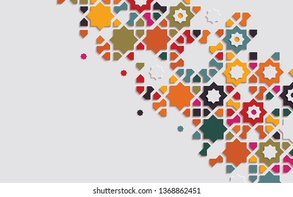 Arabic arabesque design greeting card for Ramadan Kareem.Islamic ornamental colorful detail of mosaic. Vector illustration.