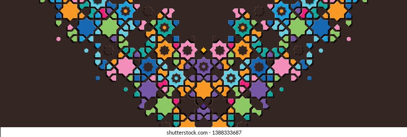Arabic arabesque design greeting card for Ramadan Kareem, Islamic ornamental colorful detail of mosaic isolated on a dark background