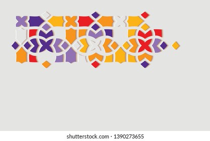 Arabic arabesque design greeting card for Ramadan Kareem,Islamic ornamental colorful detail of mosaic isolated on a light background