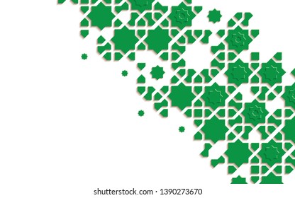 Arabic arabesque design greeting card for Ramadan Kareem, Islamic ornamental green detail of mosaic isolated on a white background