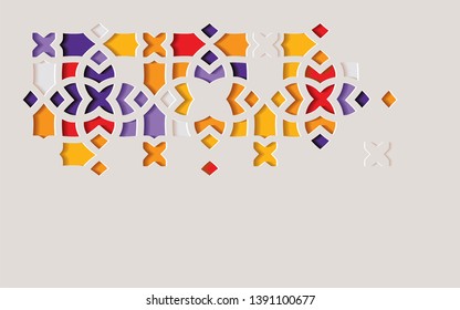 Arabic arabesque design greeting card for Ramadan Kareem,Islamic ornamental colorful detail of mosaic isolated on a light background