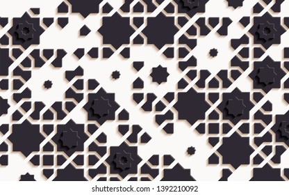 Arabic arabesque design greeting card for Ramadan Kareem,Islamic ornamental black detail of mosaic isolated on a white background