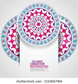 Arabic arabesque design greeting card for for major Islamic events, Islamic traditional wedding events and other users with realistic Islamic ornamental colorful detail of mosaic. Vector illustration.