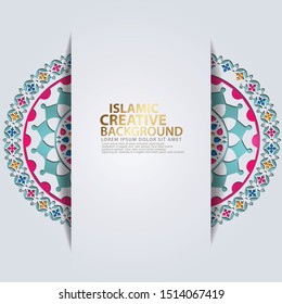 Arabic arabesque design greeting card for for major Islamic events, Islamic traditional wedding events and other users with realistic Islamic ornamental colorful detail of mosaic. Vector illustration.