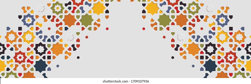 Arabic arabesque design greeting card for Ramadan Kareem, Islamic ornamental colorful detail of mosaic