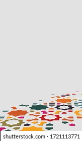 Arabic arabesque design greeting card for Ramadan Kareem,Islamic ornamental colorful detail of mosaic in perspective isolated on a light background